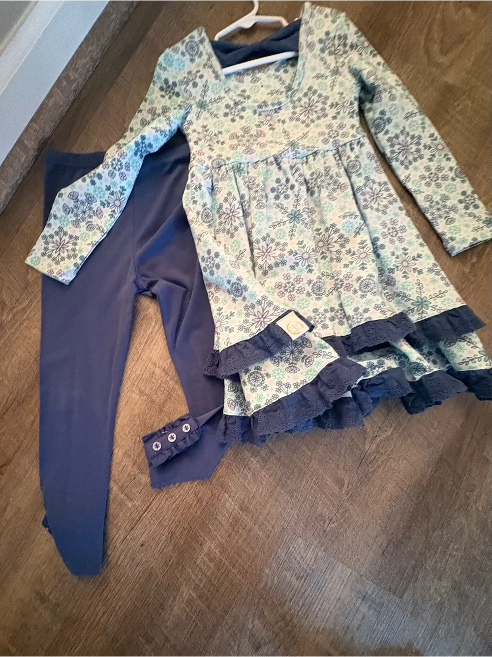 Girls Snowflake Navy and Light Floral Ruffle Tunic with Navy Leggings